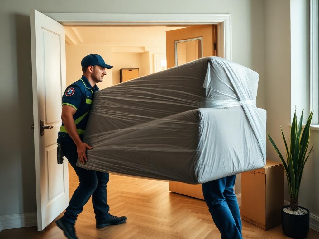 Möbelträger tragen ein verpacktes Sofa aus einer Wohnung