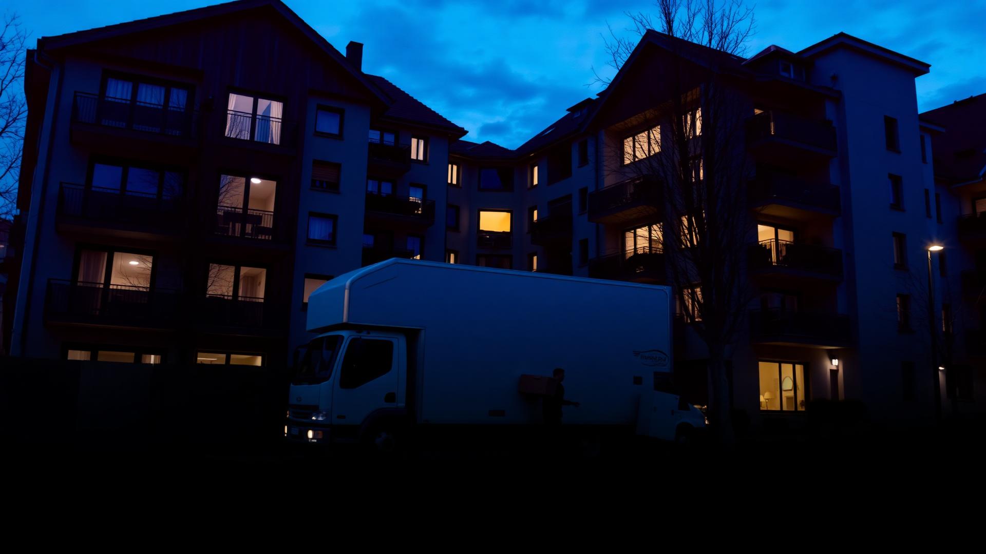 Umzugswagen vor einem Mehrfamilienhaus in der Dämmerung
